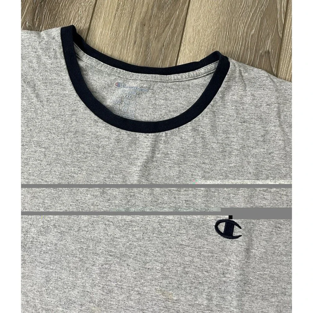 Champion Gray/Navy Collar Men's Short Sleeve Cotton Tee Regular Sz 2XL - Picture 3 of 9